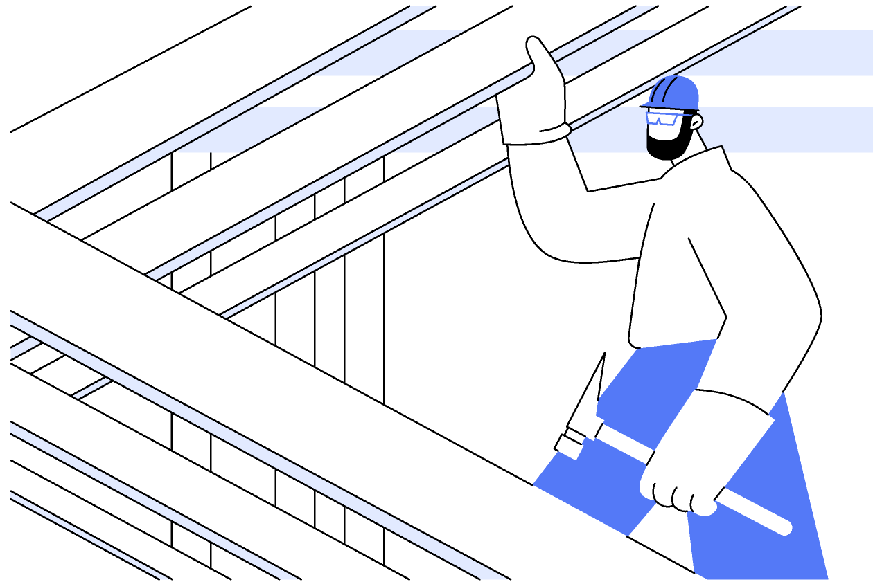 Illustration of roof trusses installment.